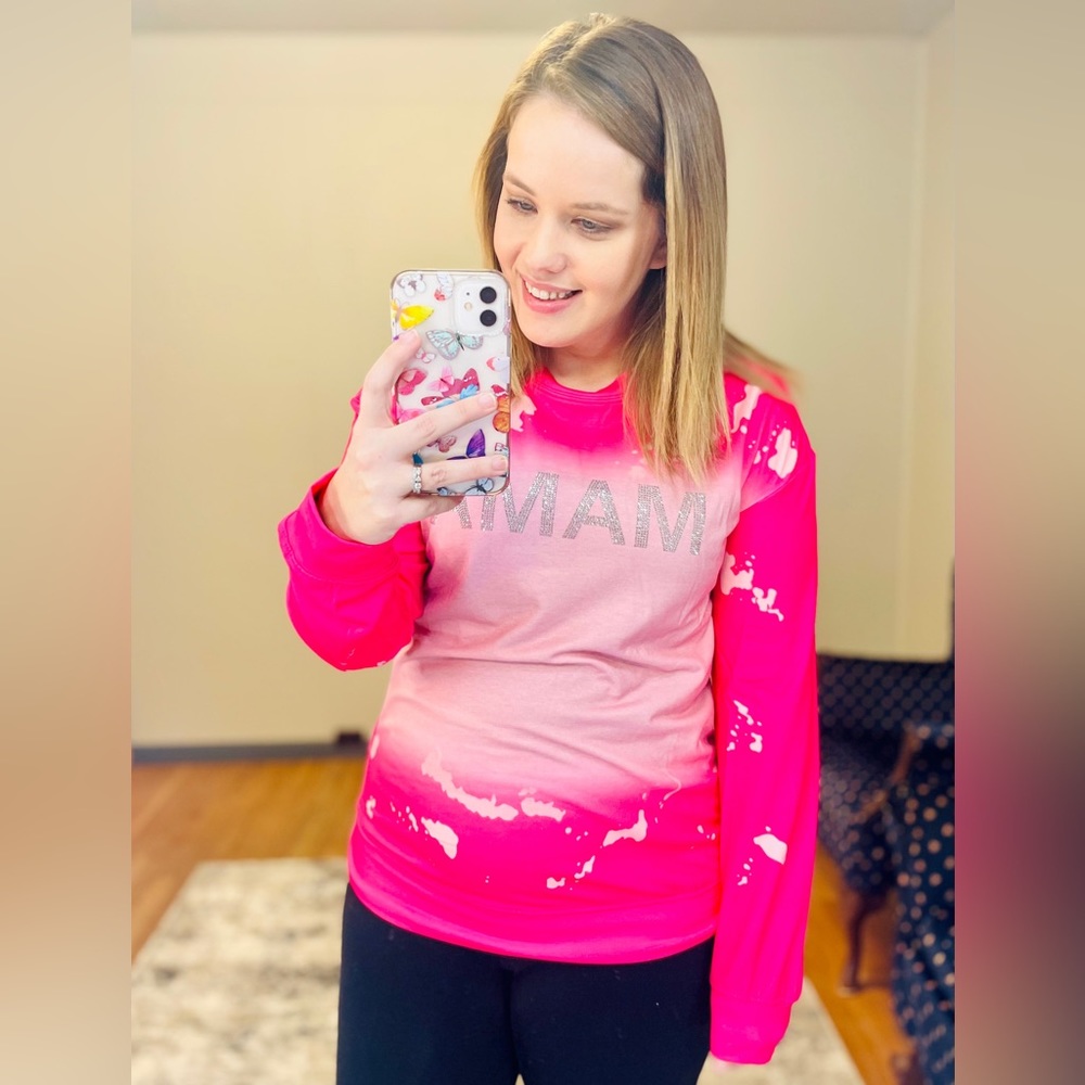 Pink Mama Rhinestone Letter Graphic Bleached Pullover